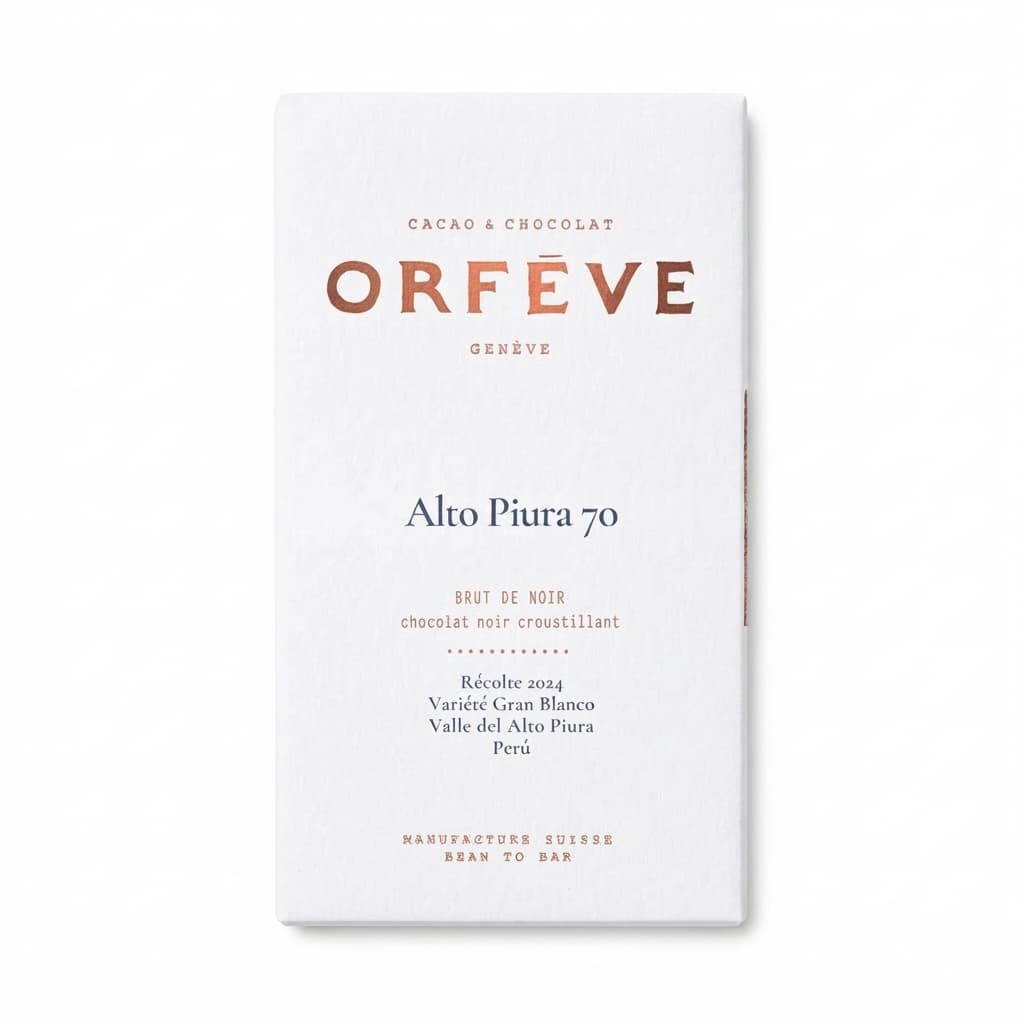 Alto Piura 70% Crispy 70% dark bar packaging by Orfève