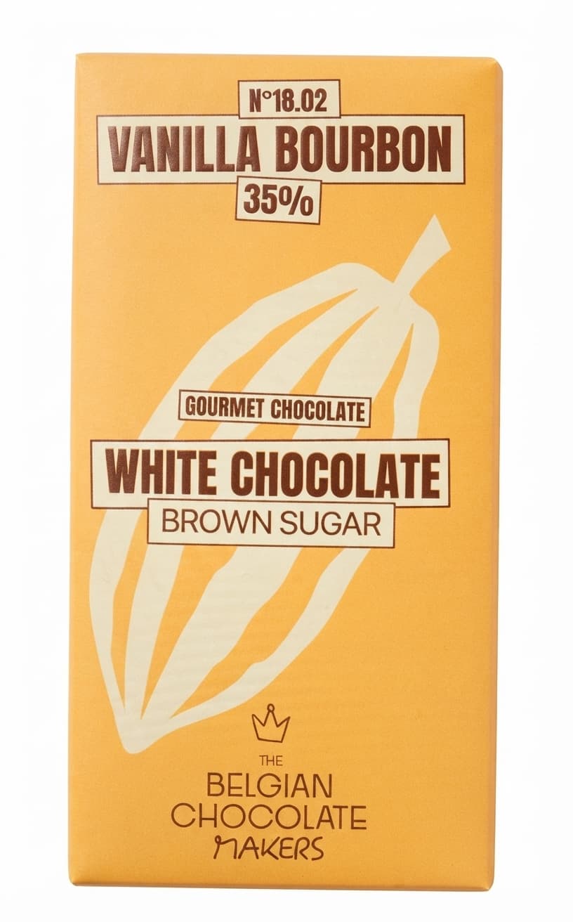 Vanilla Bourbon 35% 35% white bar packaging by The Belgian Chocolate Makers