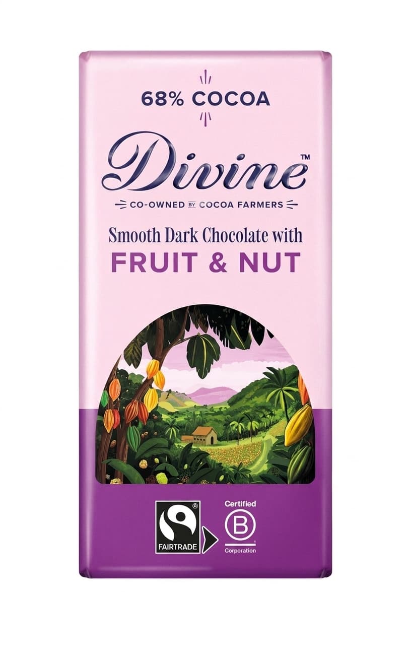 Fruit & Nut 68% 68% dark bar packaging by Divine