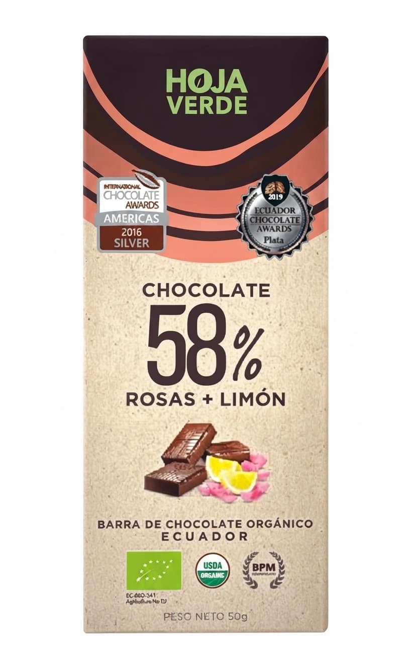 Rosas + Limón 58% 58% dark bar packaging by Hoja Verde