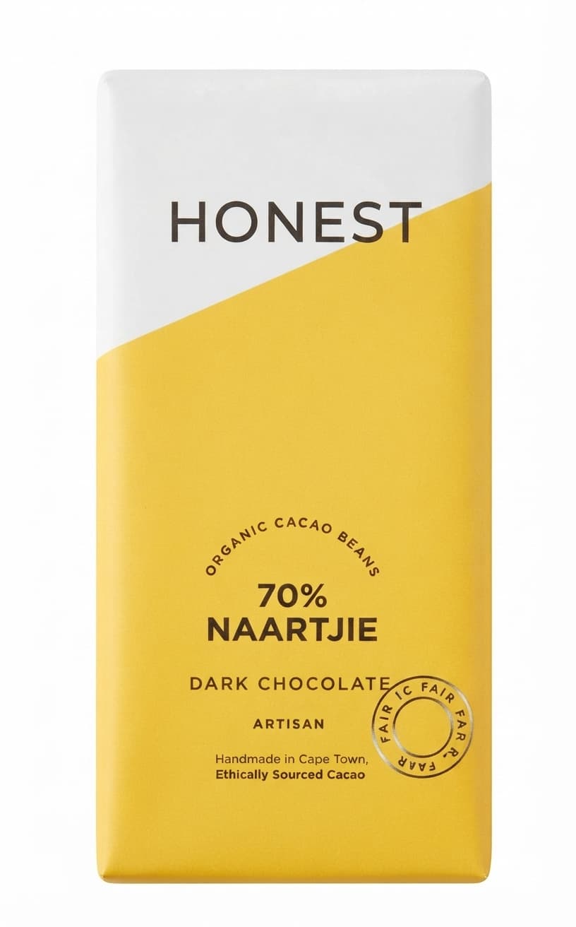 Naartjie 70% 70% dark bar packaging by Honest Chocolate