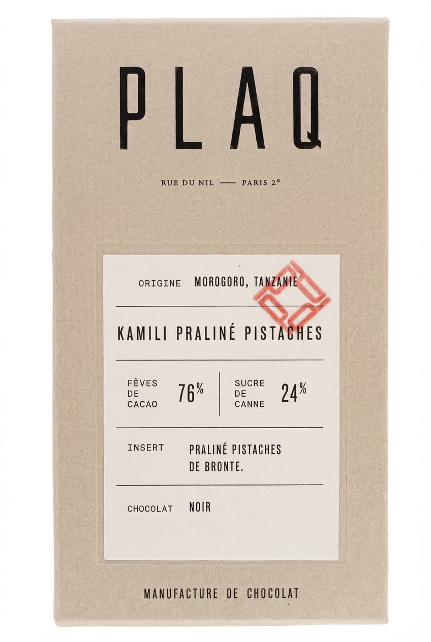 Kamili Praliné Pistaches 76% dark bar packaging by Plaq