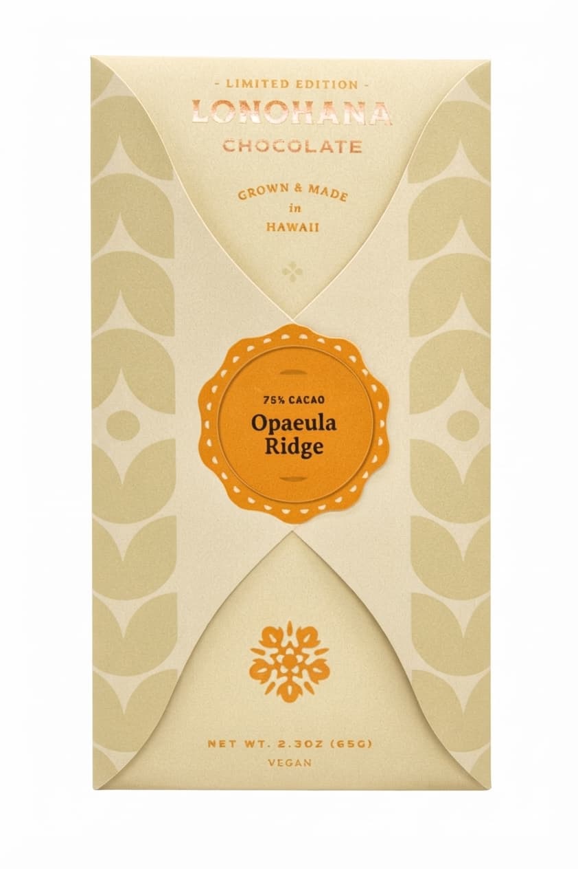 Opaeula Ridge 75% 75% dark bar packaging by Lonohana Estate Chocolate