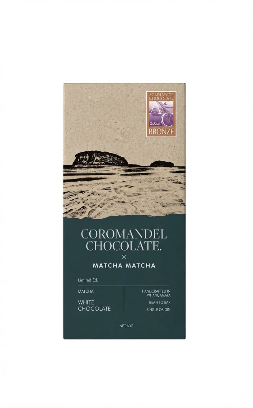 Matcha White null% white bar packaging by Coromandel Chocolate