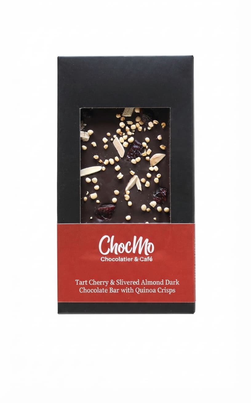 Tart Cherry, Almond & Quinoa Crisp null% dark bar packaging by ChocMo Chocolatier