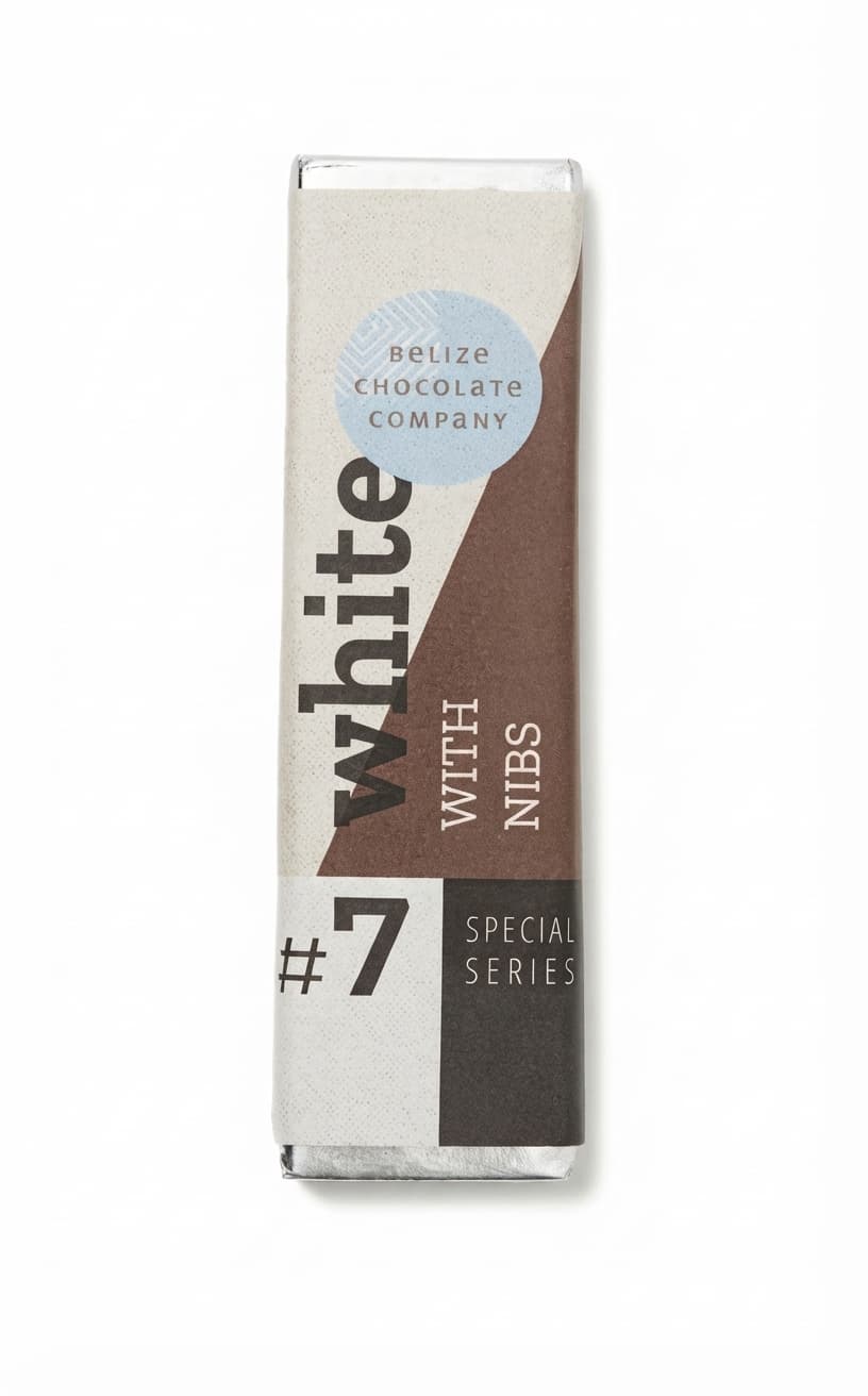 White & Cacao Nibs null% white bar packaging by Belize Chocolate Company