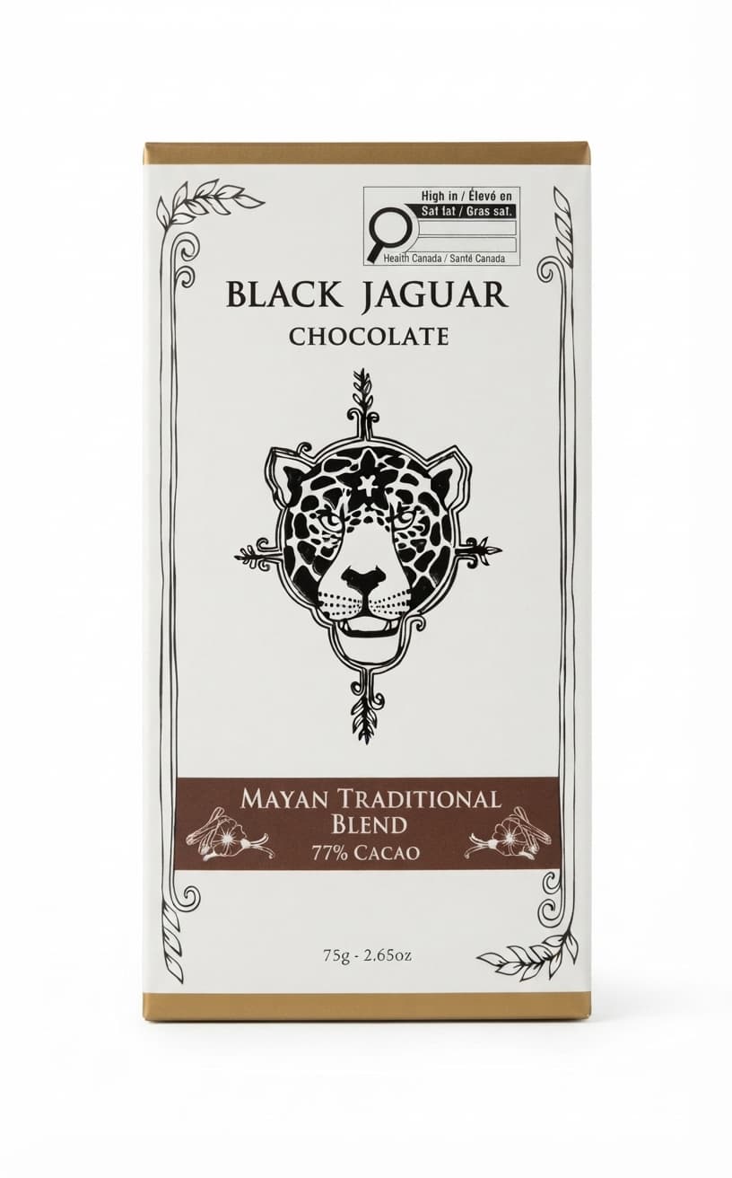 Mayan Traditional Blend 77% 77% dark bar packaging by Black Jaguar Chocolate