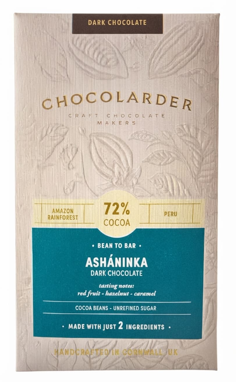 Asháninka 72% 72% dark bar packaging by Chocolarder