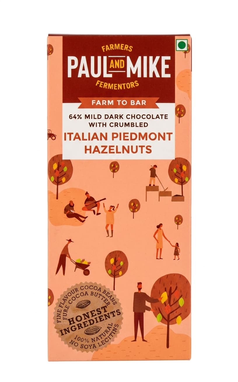 Piedmont Hazelnuts 64% 64% dark bar packaging by Paul and Mike