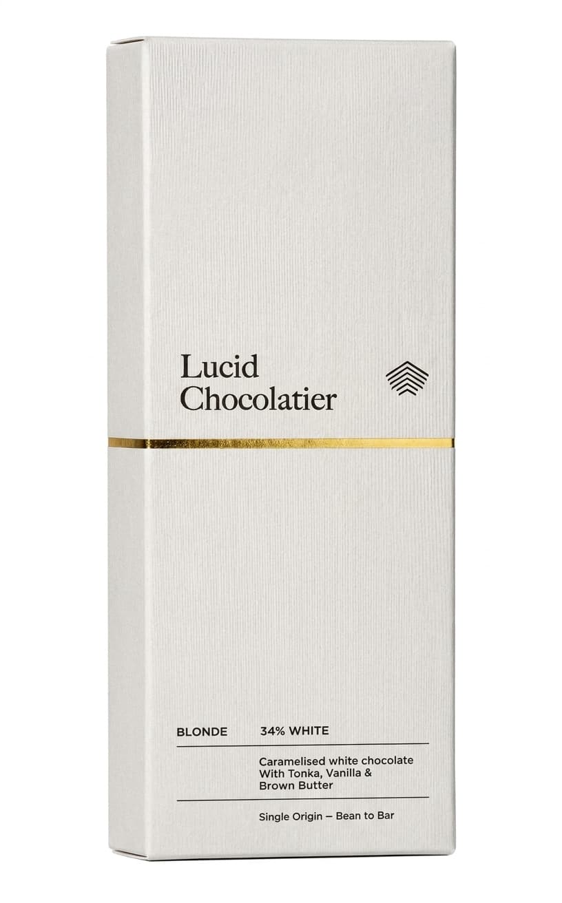 Blonde 34% White 34% white bar packaging by Lucid Chocolatier