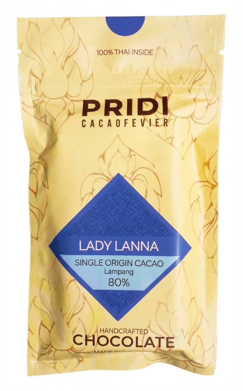 Lady Lanna 80% 80% dark bar packaging by Pridi Cacaofevier