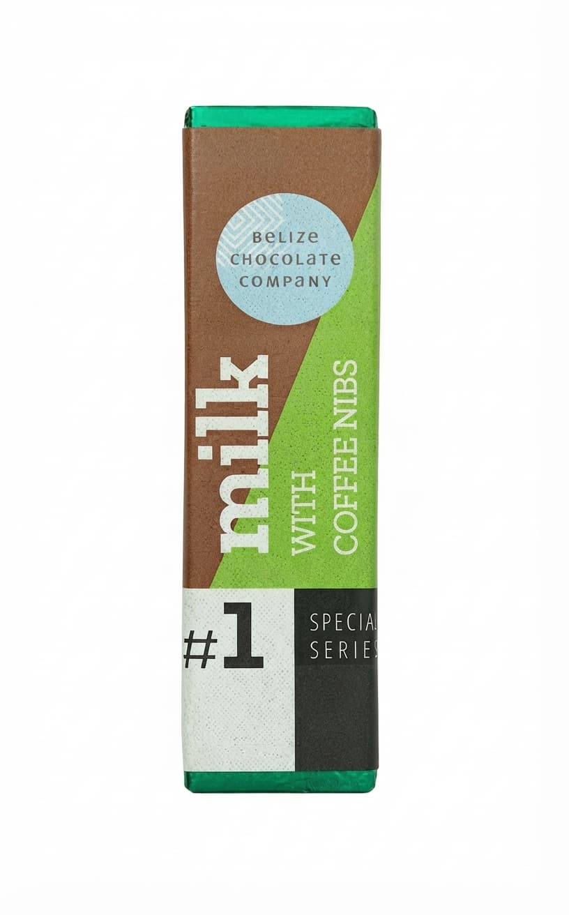 Milk & Coffee Nibs null% milk bar packaging by Belize Chocolate Company