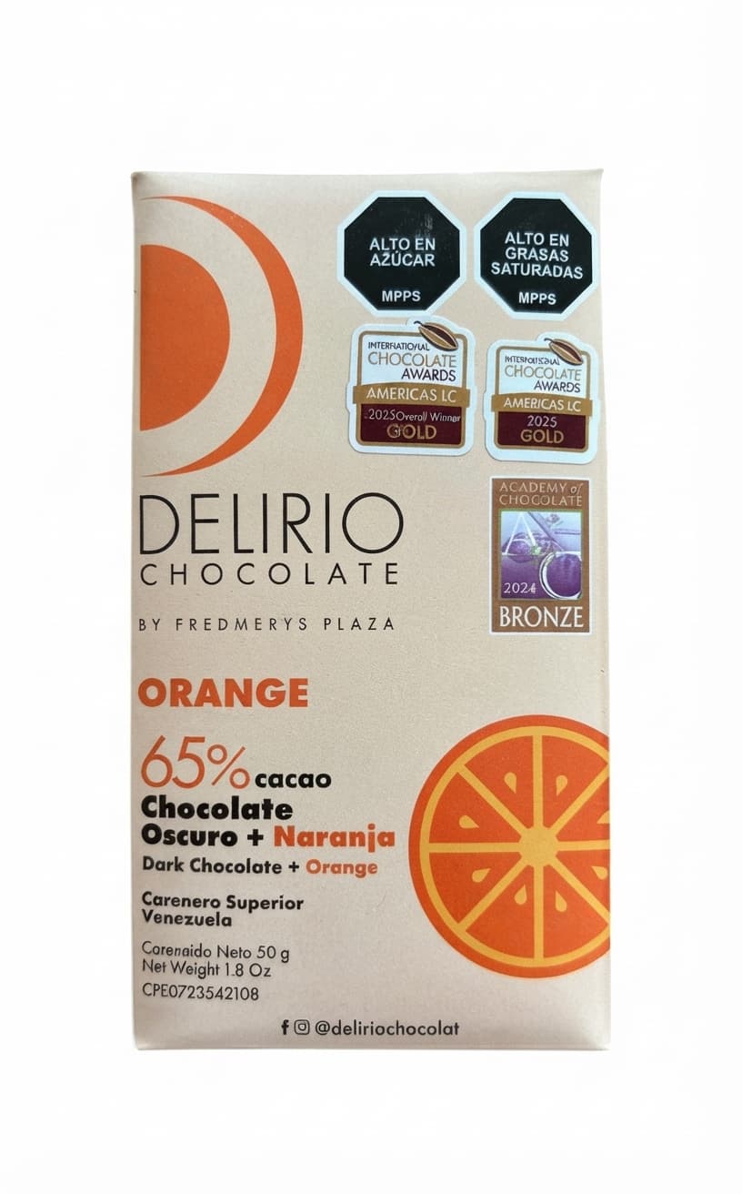 Orange 65% 65% dark bar packaging by Delirio Chocolate