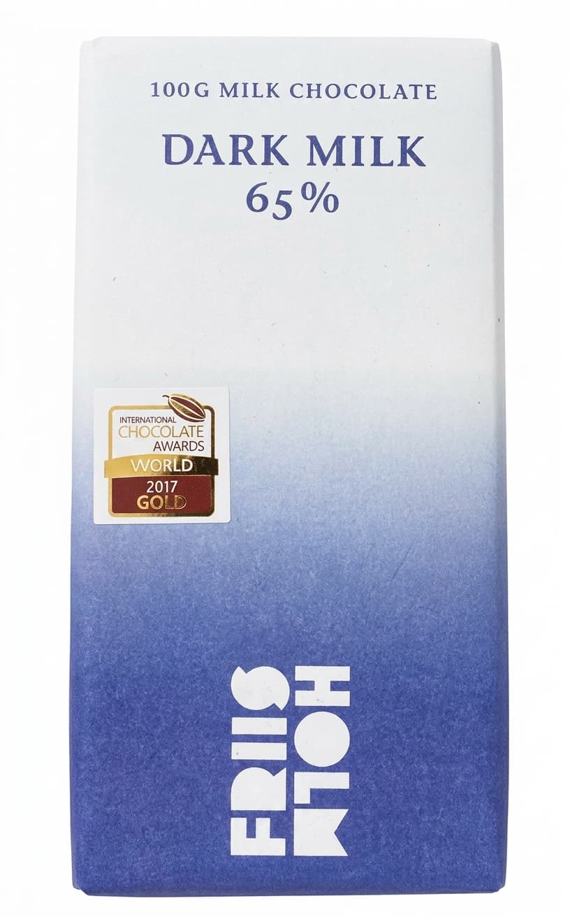 Dark Milk 65% 65% milk bar packaging by Friis Holm