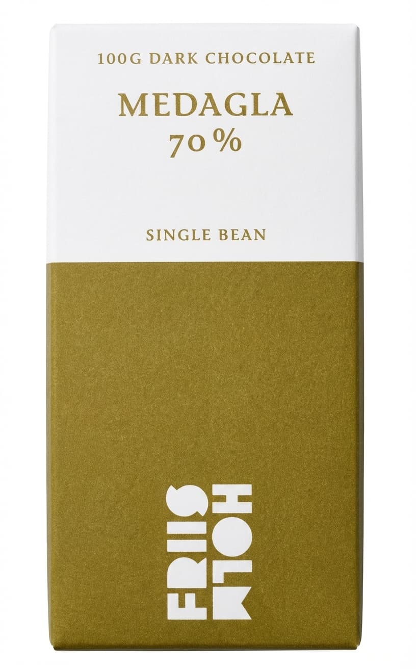 Medagla 70% 70% dark bar packaging by Friis Holm