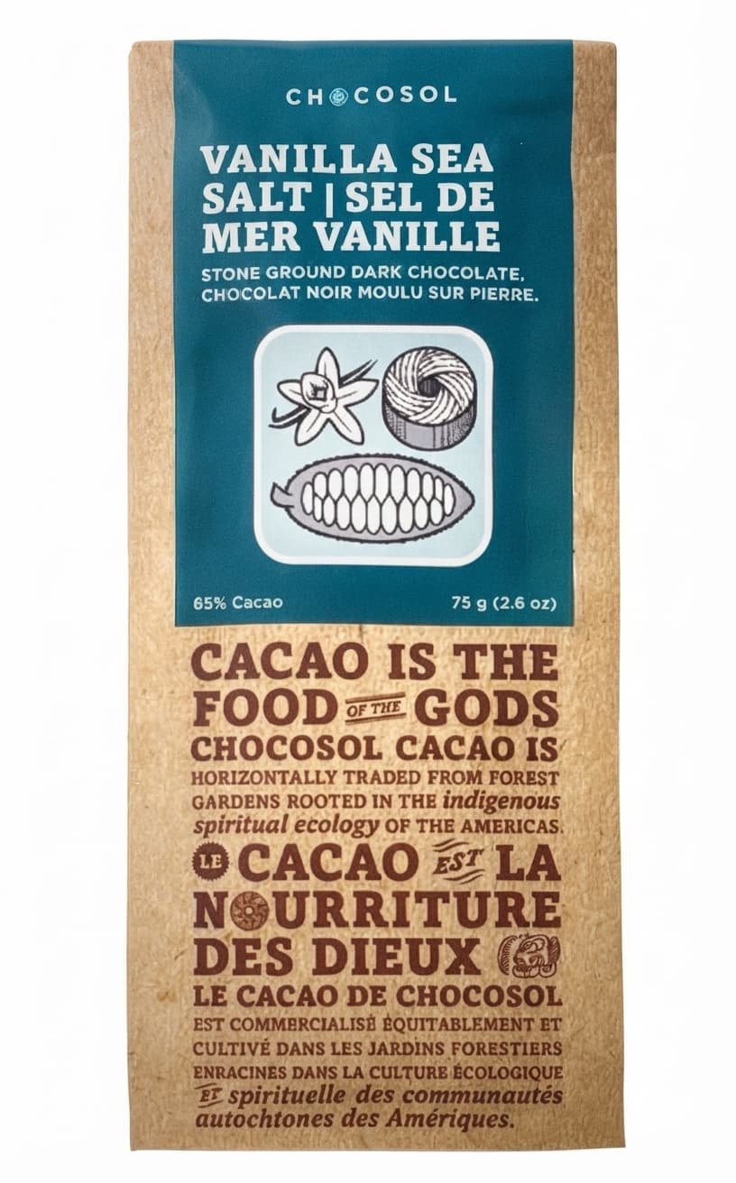 Vanilla Sea Salt 65% 65% dark bar packaging by ChocoSol