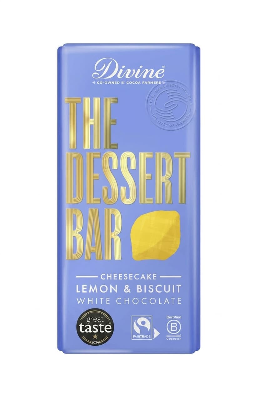 Lemon Cheesecake 26% white bar packaging by Divine