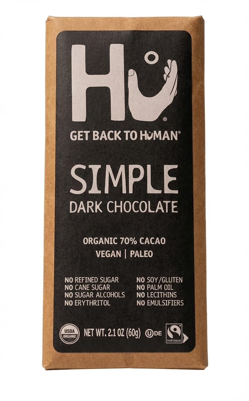 Simple Dark Chocolate 70% 70% dark bar packaging by Hu