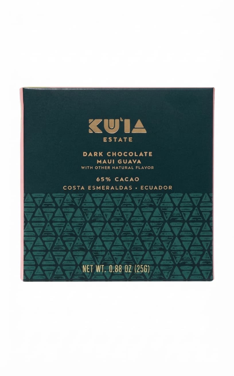 Guava 65% 65% dark bar packaging by Maui Ku'ia Estate Chocolate