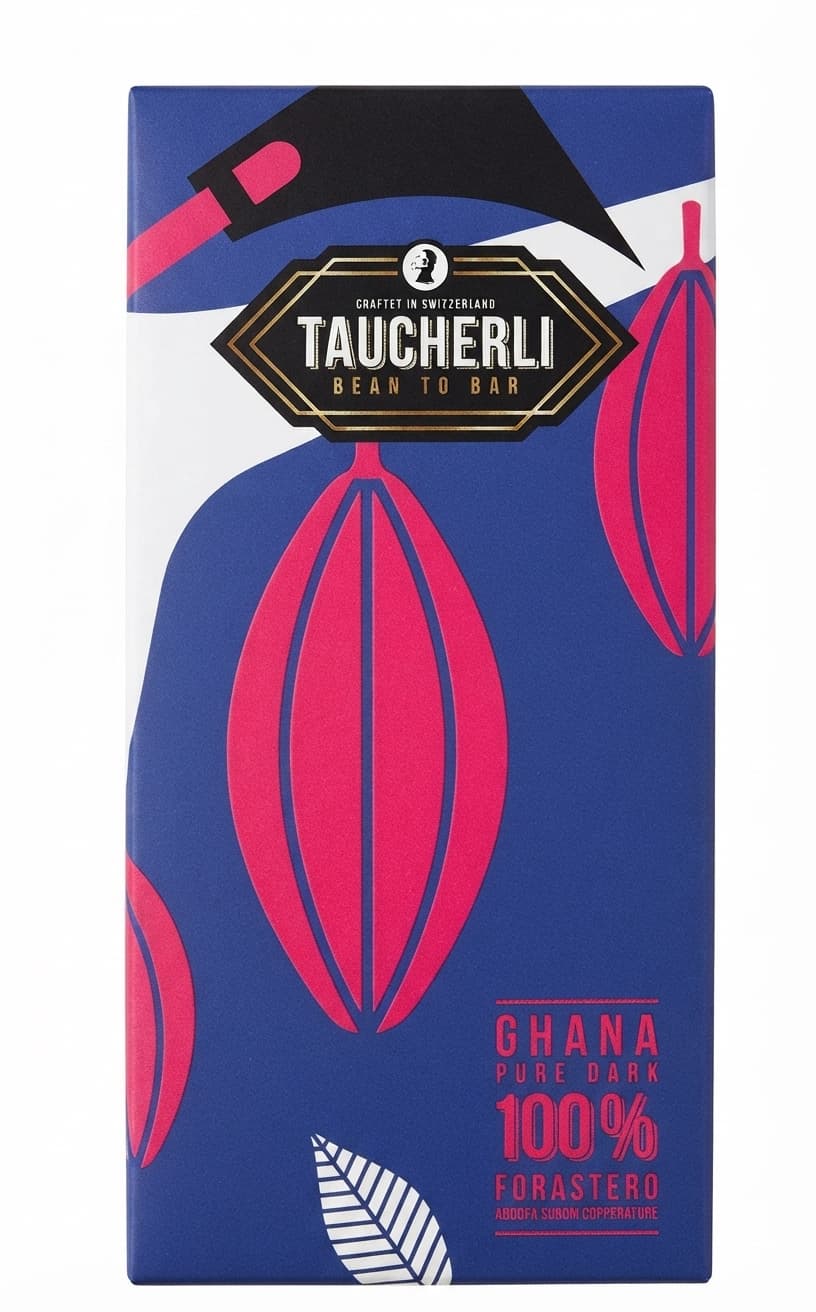 Ghana 100% 100% dark bar packaging by Taucherli