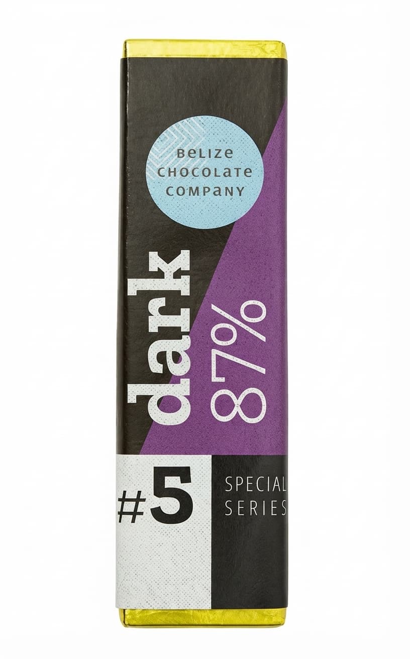 Dark 87% 87% dark bar packaging by Belize Chocolate Company