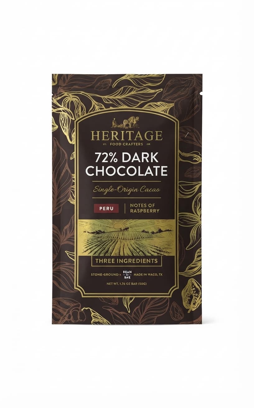 Peru 72% 72% dark bar packaging by Heritage Food Crafters