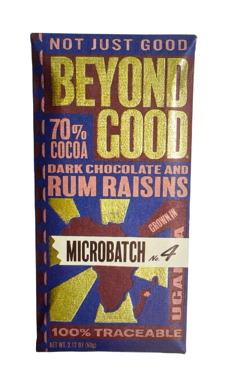 Dark Chocolate and Rum Raisins 70% dark bar packaging by Beyond Good