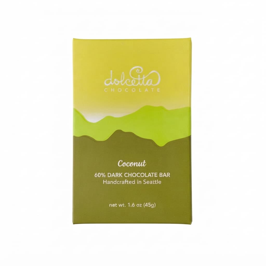 Coconut 60% 60% dark bar packaging by Dolcetta Chocolate