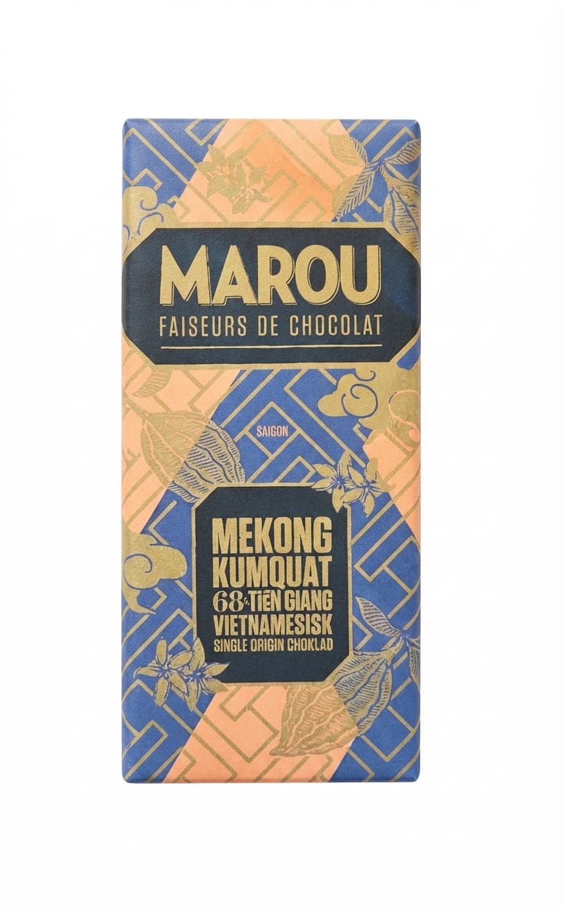 Mekong Kumquat 68% 68% dark bar packaging by Marou Chocolate