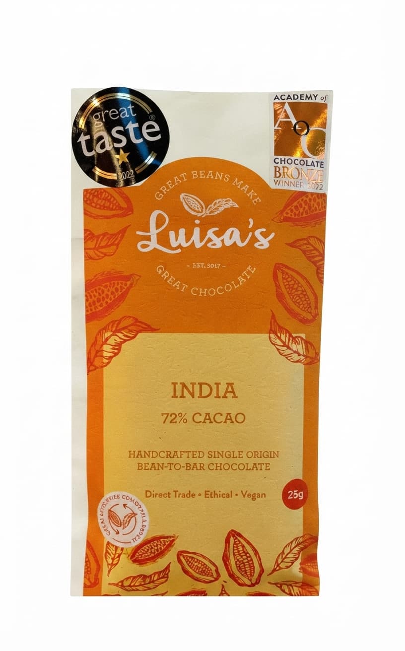 India 72% 72% dark bar packaging by Luisa's