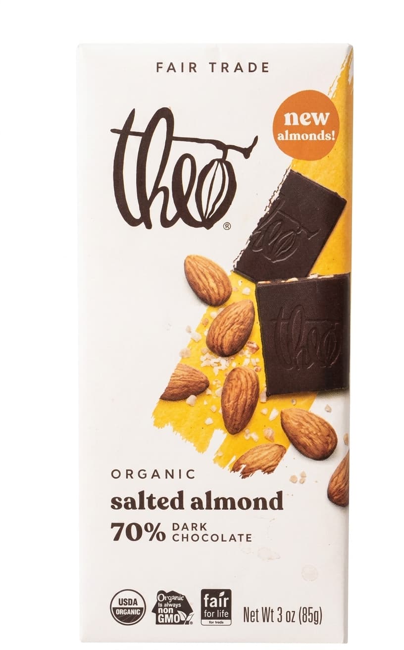 Salted Almond 70% Dark Chocolate 70% dark bar packaging by Theo