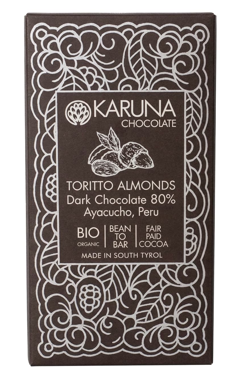 Toritto Almonds 80% 80% dark bar packaging by Karuna