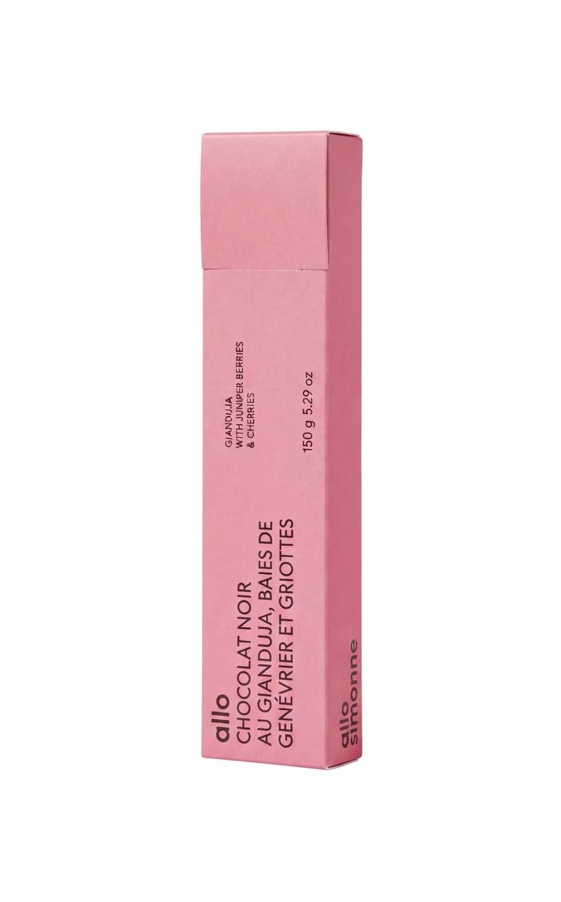Gianduja Juniper Berries & Cherries null% dark bar packaging by Allo Simonne