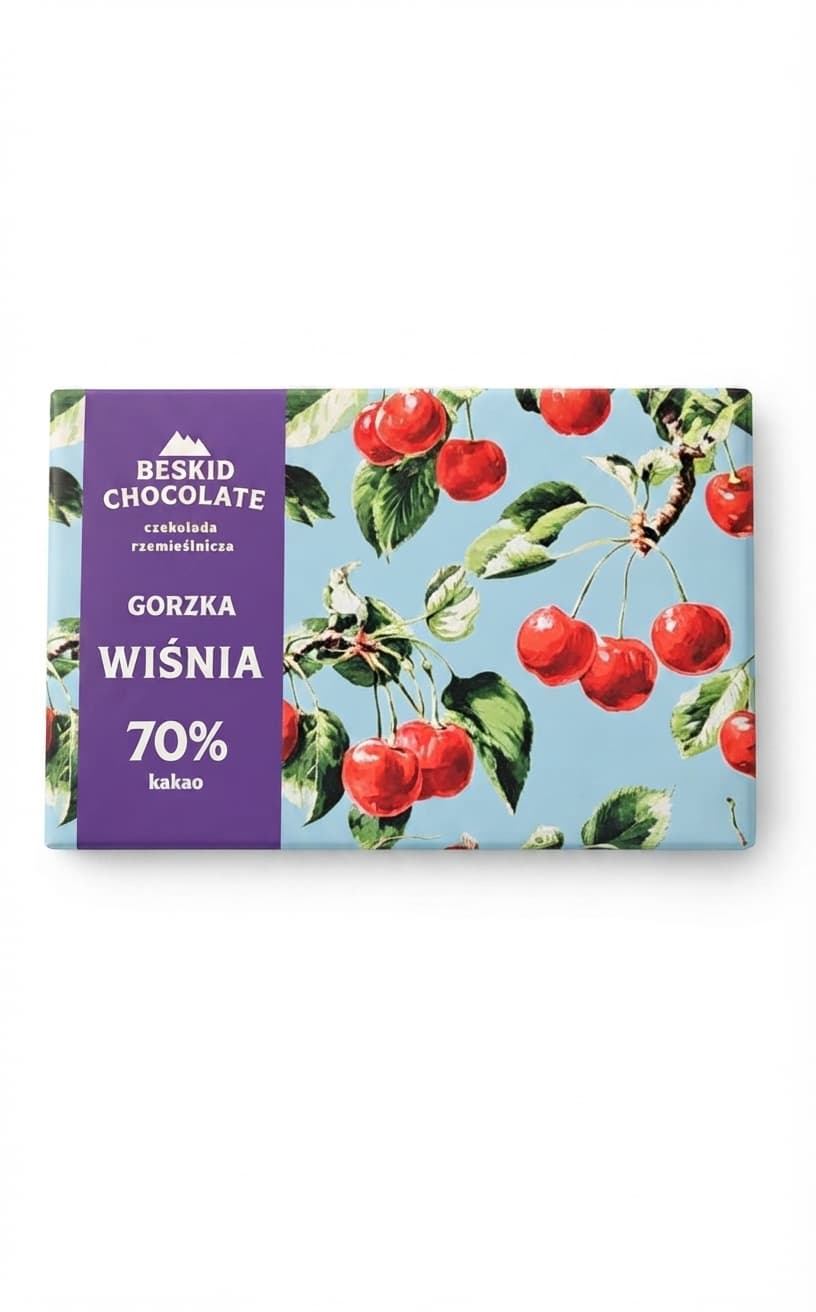 Wiśnia 70% 70% dark bar packaging by Beskid Chocolate