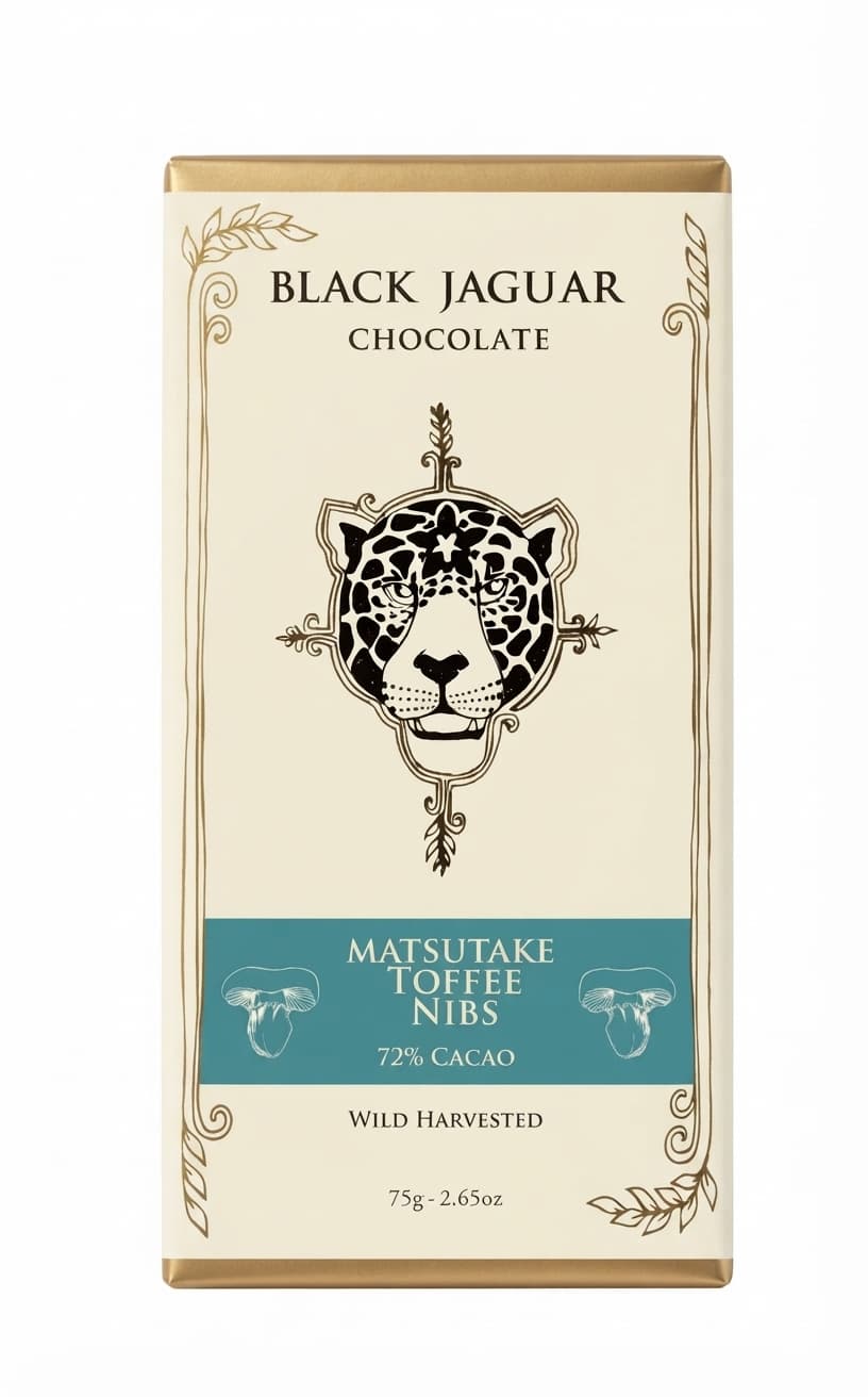 Matsutake Toffee Nibs 72% 72% dark bar packaging by Black Jaguar Chocolate