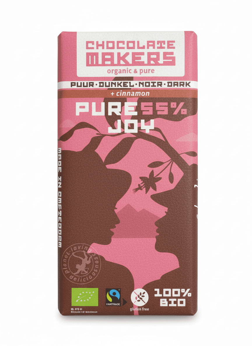 Pure Joy Dark + Cinnamon 55% dark bar packaging by Chocolate Makers
