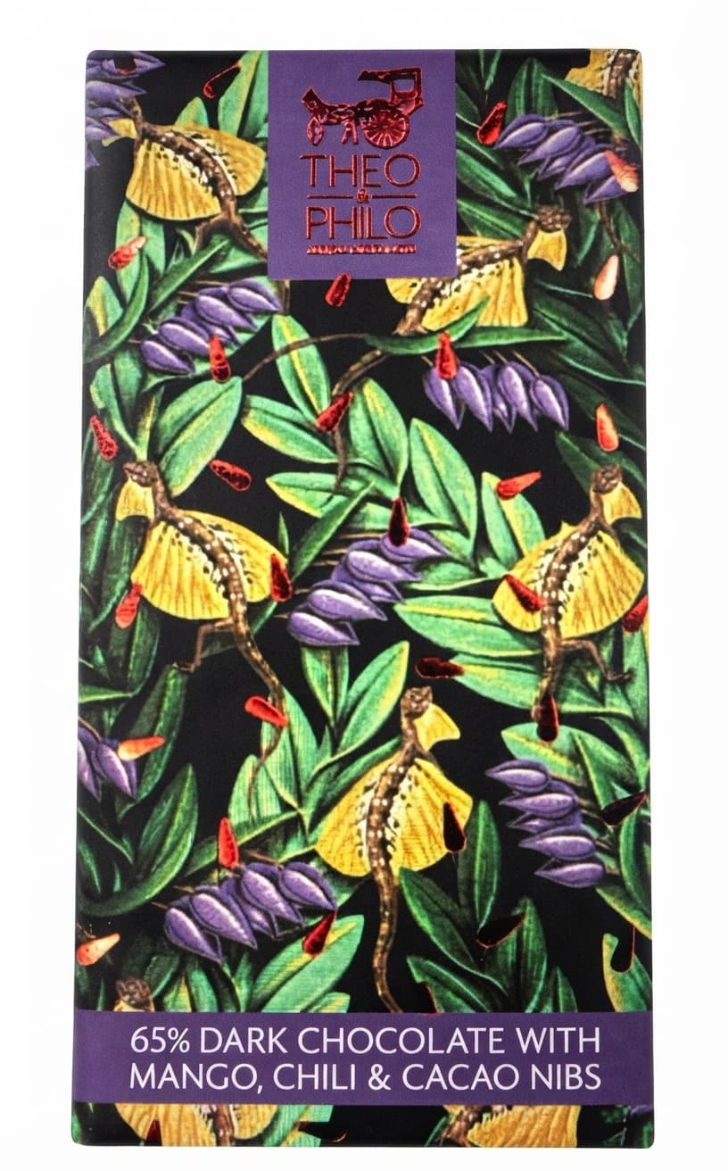 Mango, Chili & Cacao Nibs 65% 65% dark bar packaging by Theo & Philo