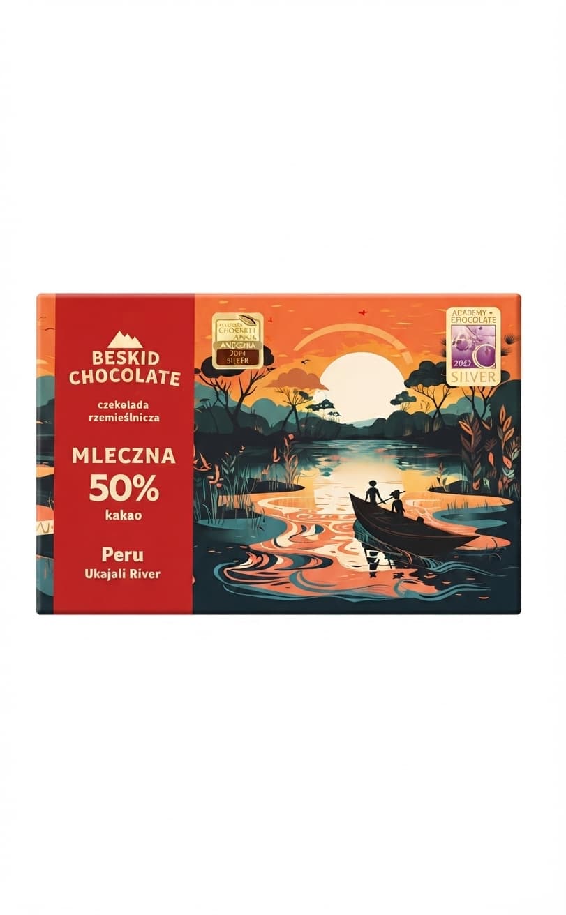 Mleczna 50% Peru 50% milk bar packaging by Beskid Chocolate