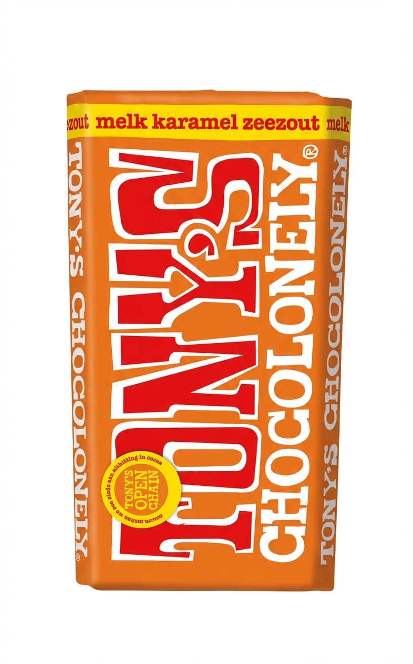 Milk Caramel Sea Salt 32% milk bar packaging by Tony's Chocolonely