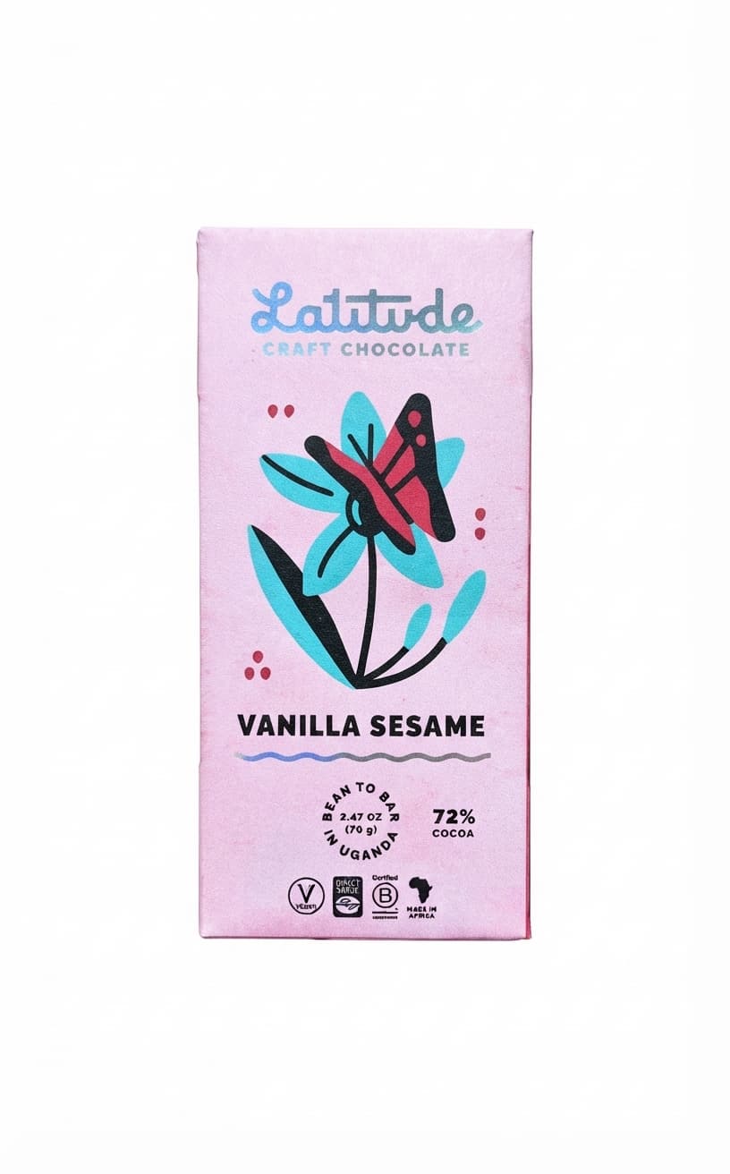Vanilla Sesame 72% 72% dark bar packaging by Latitude