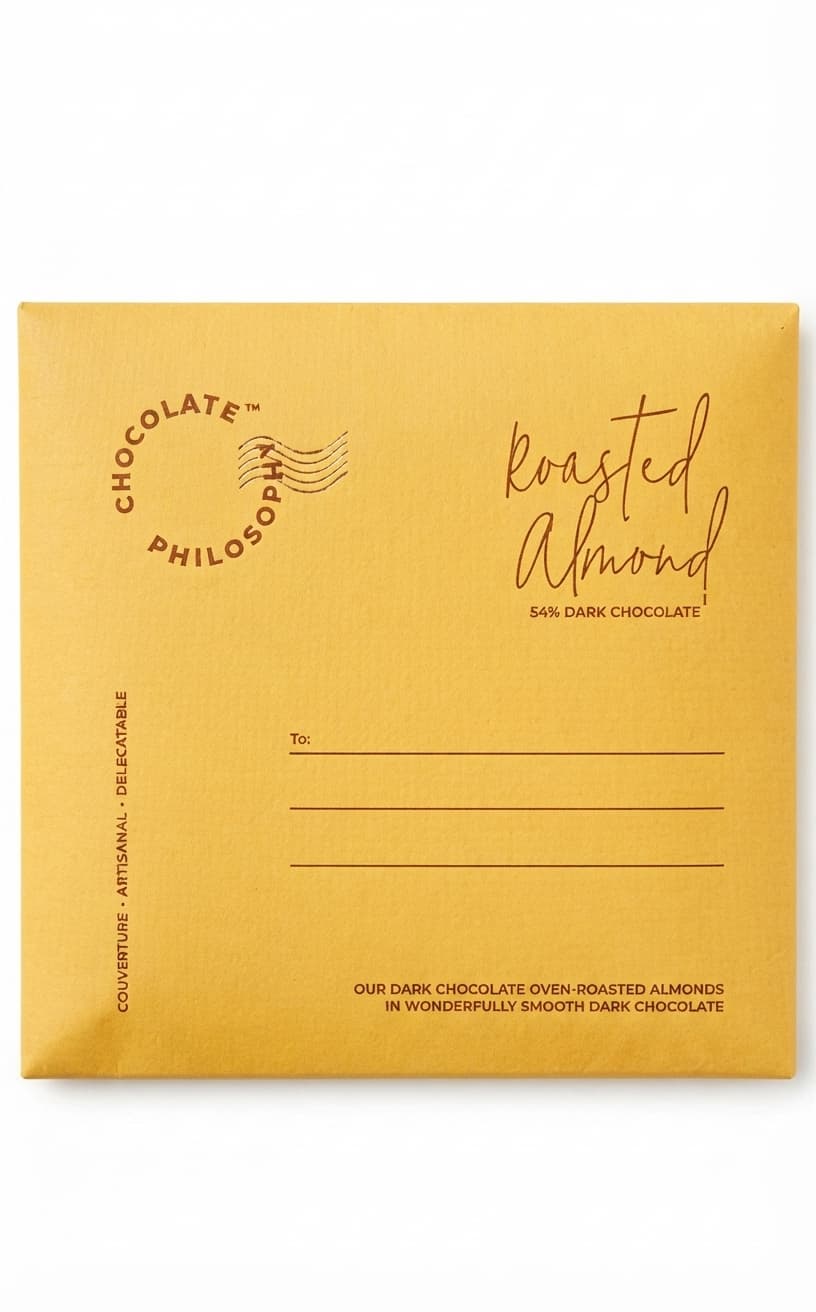 Roasted Almond 54% 54% dark bar packaging by Chocolate Philosophy
