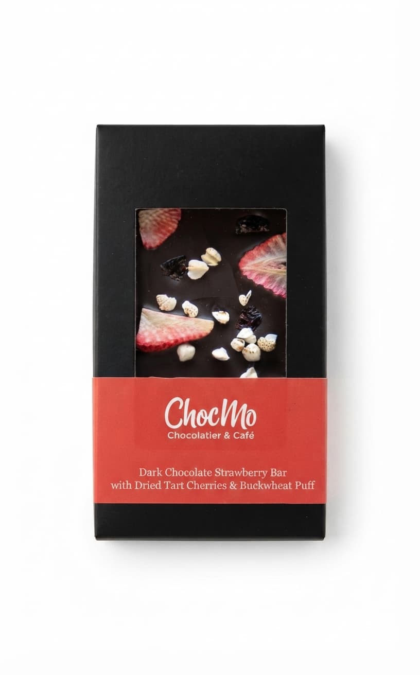 Strawberry, Tart Cherry & Buckwheat Puff null% dark bar packaging by ChocMo Chocolatier