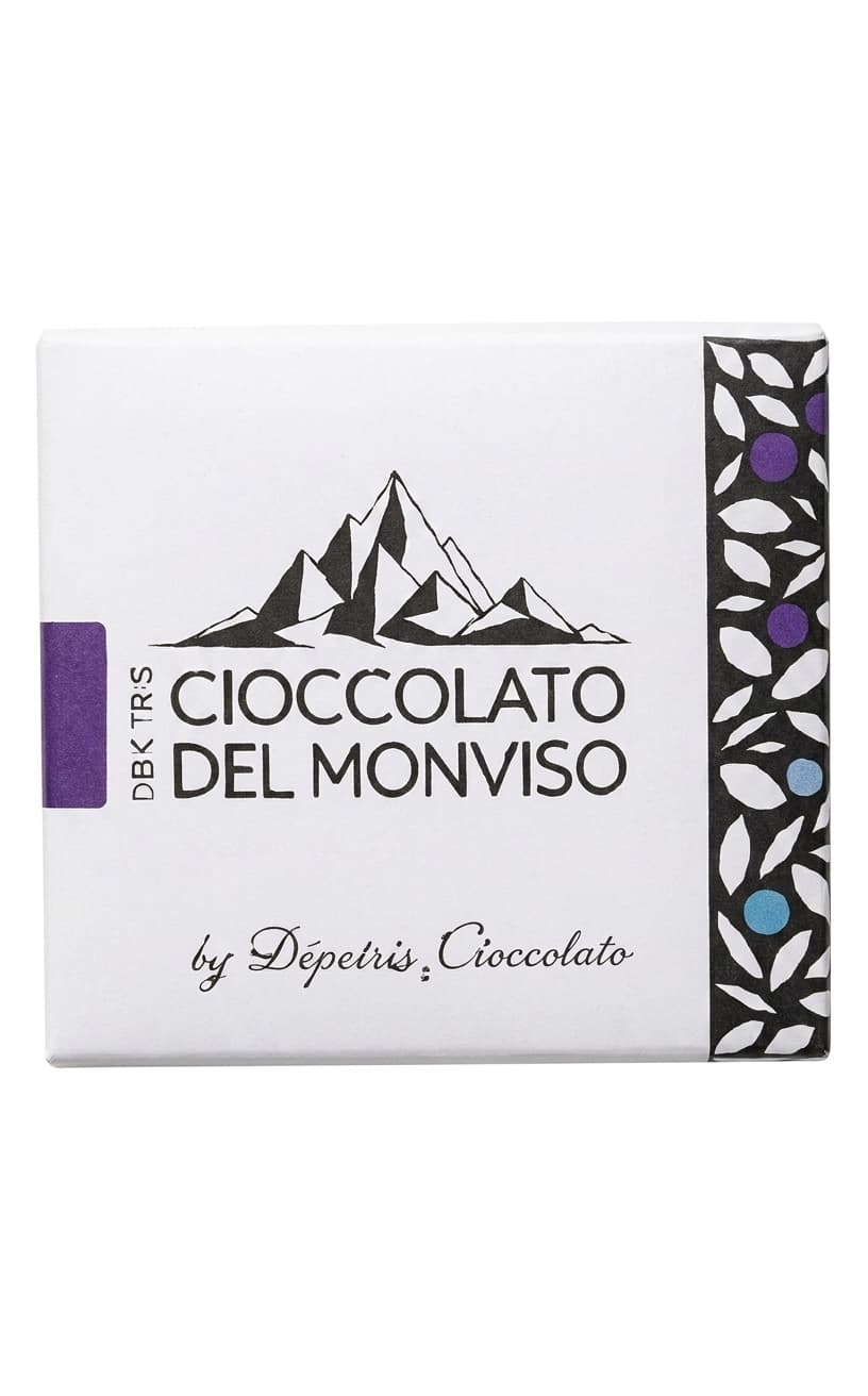 Viola Mirtillo null% white bar packaging by Cioccolato del Monviso