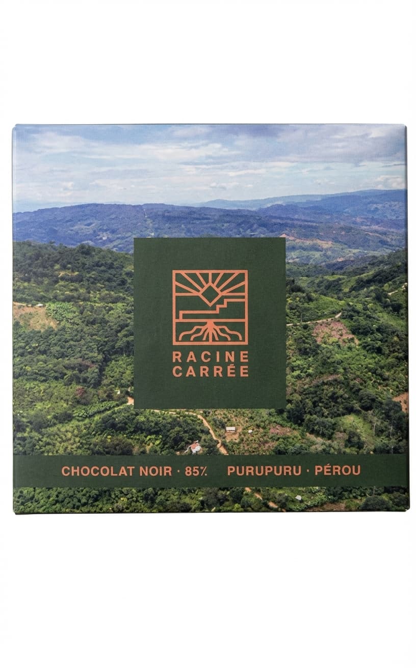 Purupuru 85% 85% dark bar packaging by Racine Carrée