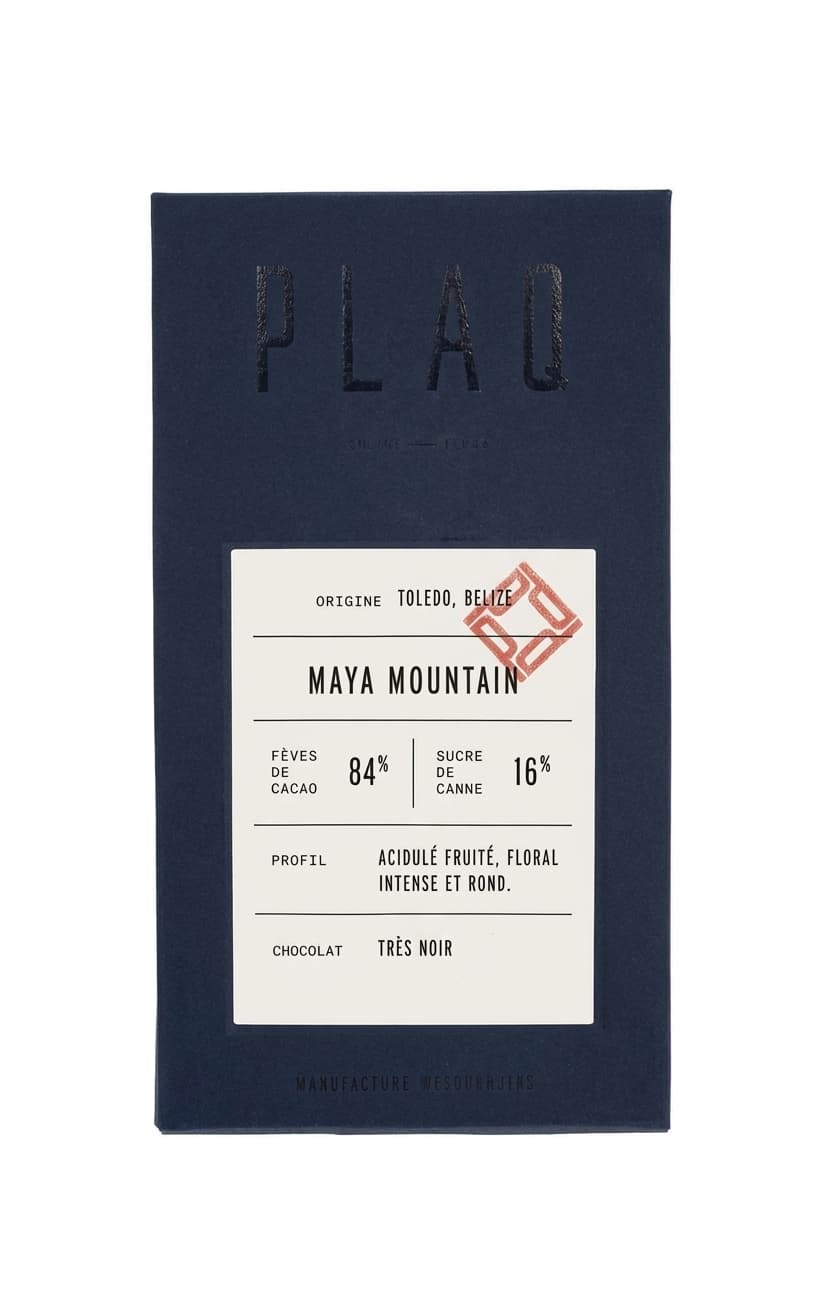 Maya Mountain 84% dark bar packaging by Plaq