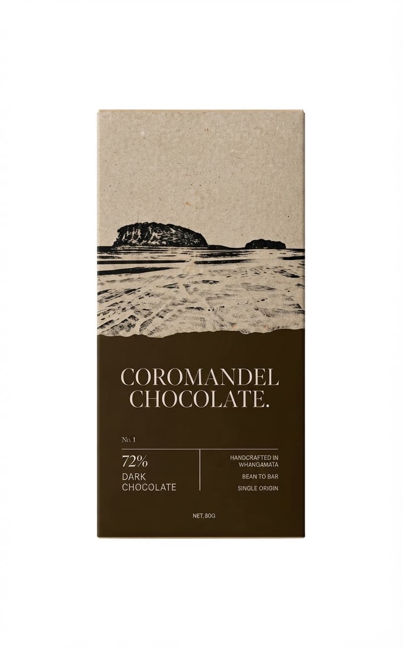 Dark 72% 72% dark bar packaging by Coromandel Chocolate