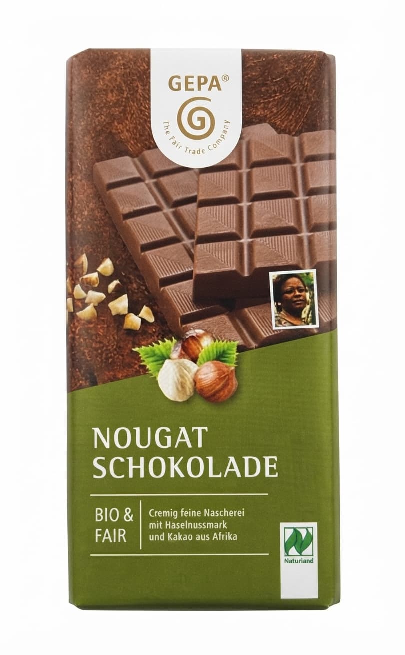 Nougat 32% milk bar packaging by GEPA