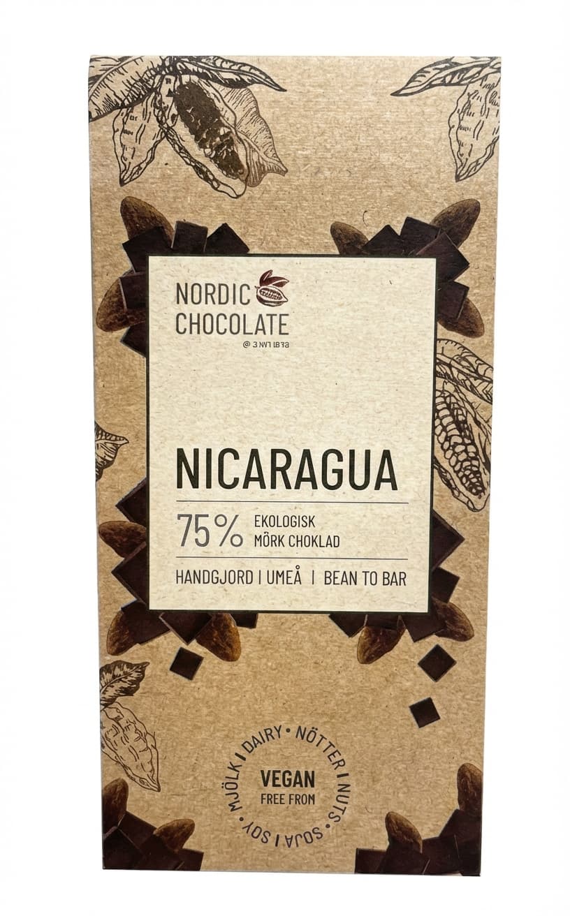 Nicaragua 75% 75% dark bar packaging by Nordic Chocolate
