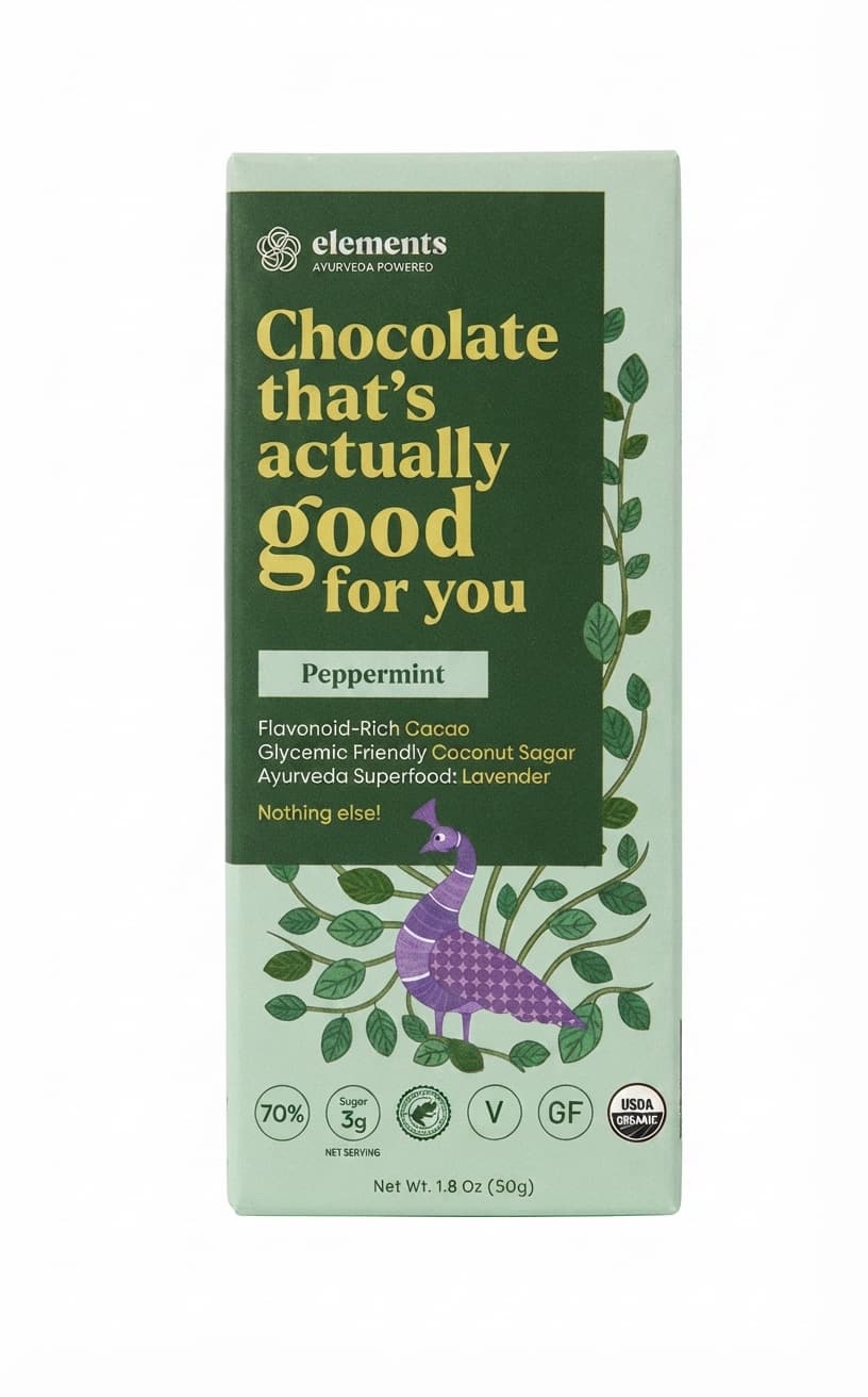 Peppermint 70% 70% dark bar packaging by Elements Truffles