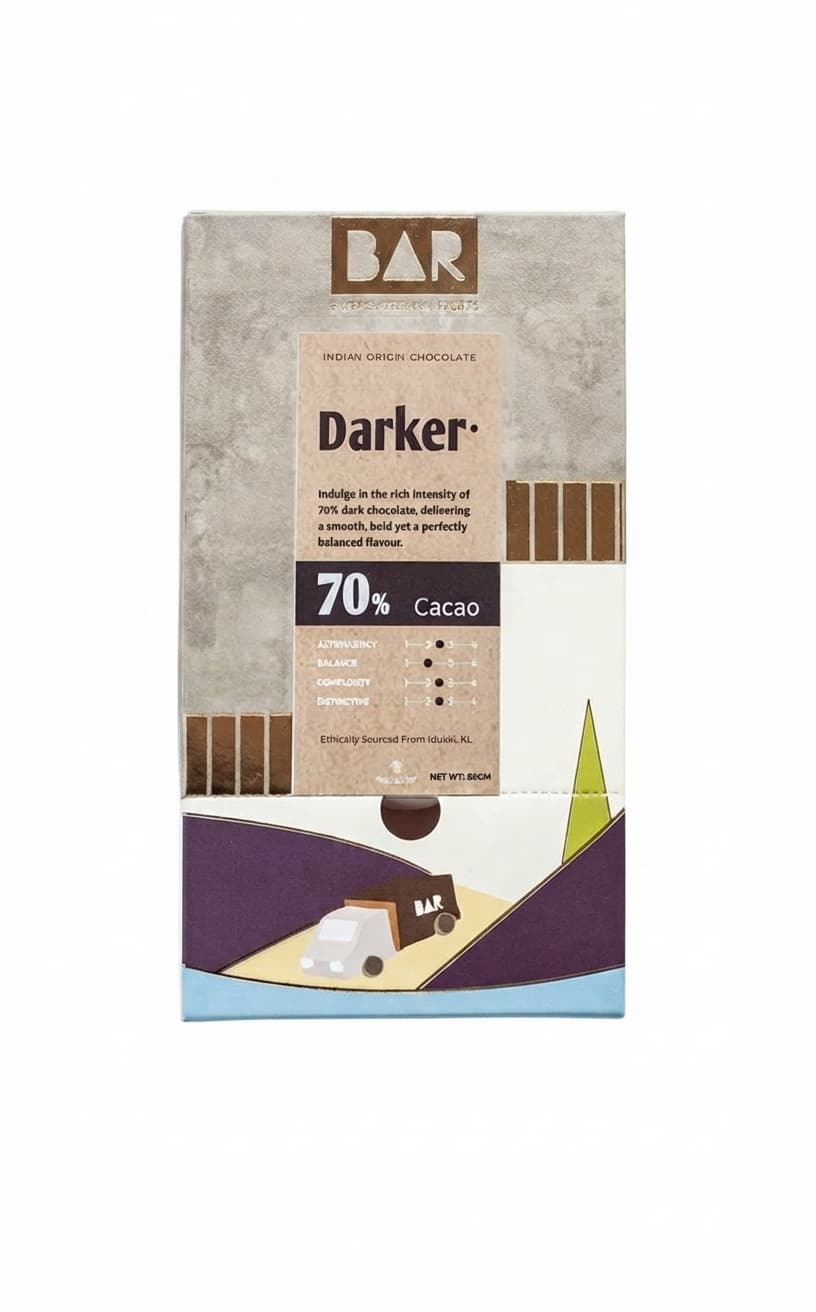 Darker 70% dark bar packaging by BAR Baker's Artisanal Recipes
